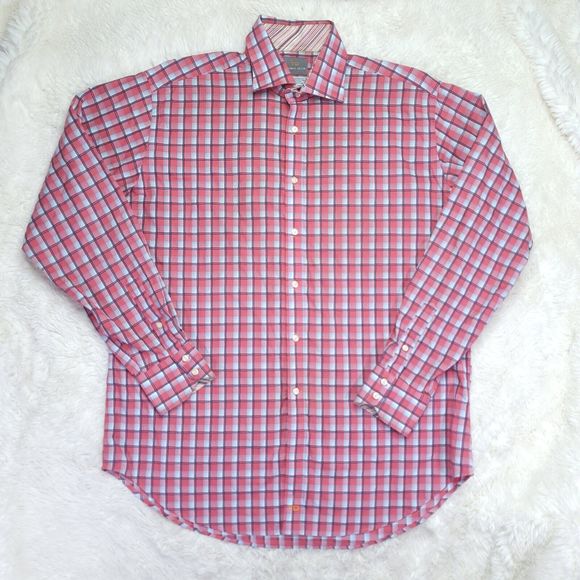 Thomas Dean Dress Shirt Mens XL Pink & Blue Plaid Striped Flip Cuffs Long Sleeve - Picture 1 of 11